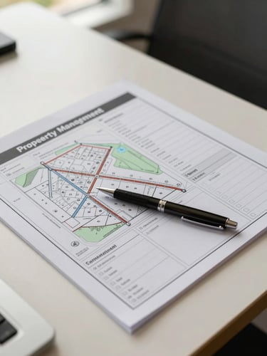 Close-up overhead view of an organized property management planning surface—a Naples site map, printed inspection checklist, and a single pen laid flat on a clean cream desk under diffuse north-facing window light, no people