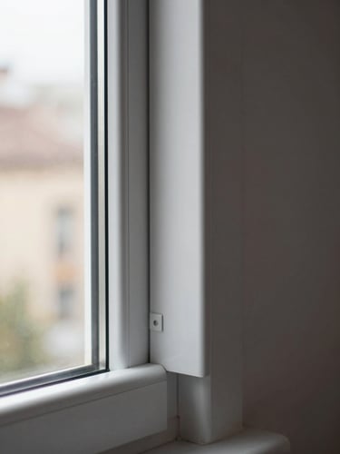Close-up of a newly installed white PVC window frame seen from inside a Valladolid apartment, natural overcast daylight flooding through the glass, clean profile joints visible at corner, interior wall slightly out of focus