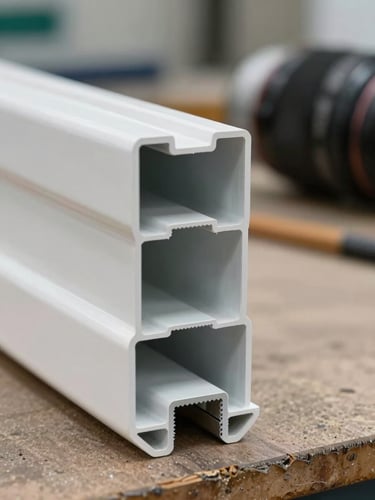 Close-up of white PVC window profile cross-section showing five chamber cavities, overcast natural daylight on a workshop bench, sharp detail on chamber walls