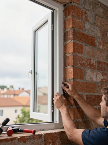 Installer hands fitting a white PVC window frame into a brick wall opening on a Valladolid residential building, overcast daylight, tools visible at the edge of frame, no faces shown
