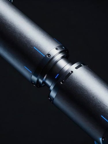 Close-up of a high-precision robotic joint with sharp metallic highlights and deep shadows, cool blue laser lines reflecting off the titanium casing, dark high-tech product photography, cinematic lighting, 8k resolution