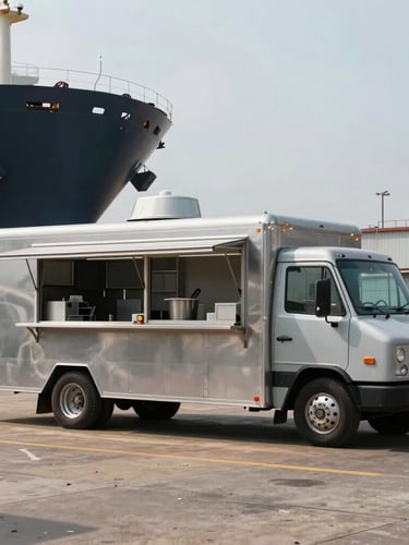A wide-angle shot of a custom-outfitted mobile kitchen vehicle operating in an active industrial shipyard, natural daylight, steel gray tones.