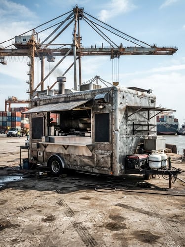 Industrial documentary photography of a custom steel mobile kitchen truck parked at a New Orleans port, high-contrast daylight, steel and charcoal tones, wide-angle lens