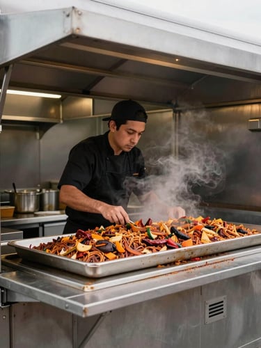 A professional chef in a black uniform inside a custom steel mobile kitchen, preparing a large tray of hearty Creole jambalaya under warm interior lighting, steam rising.