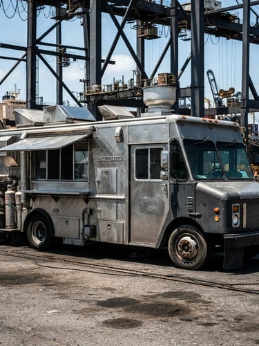 Portrait shot of a heavy-duty custom mobile kitchen truck with stainless steel panels, parked at an industrial Gulf Coast port under high-contrast midday sun, steel girders framing the background.