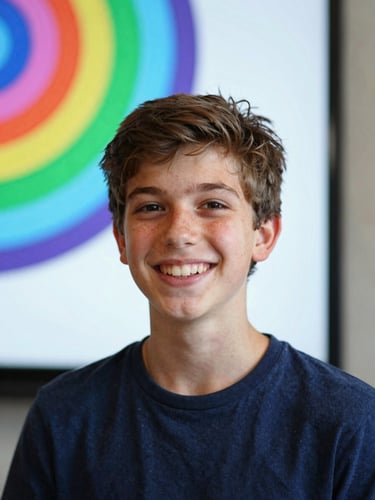 A joyful teenager smiling in front of a bright screen showing colorful digital art, natural daylight with subtle screen glows, shallow depth of field, 35mm