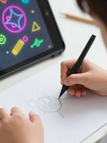 Close-up of a child's hands sketching on a tablet next to a screen showing vibrant neon digital illustrations, bright natural daylight, 35mm