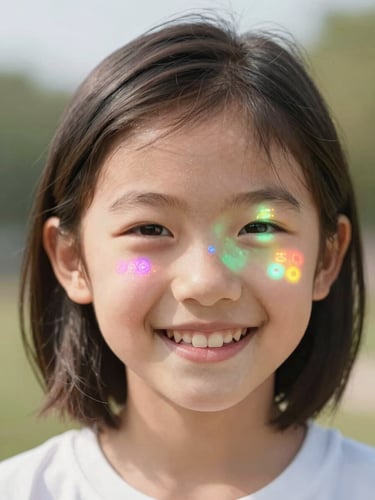 A smiling young teenager with a colorful digital art interface glowing on her face, bright daylight, creative joyful mood, 35mm