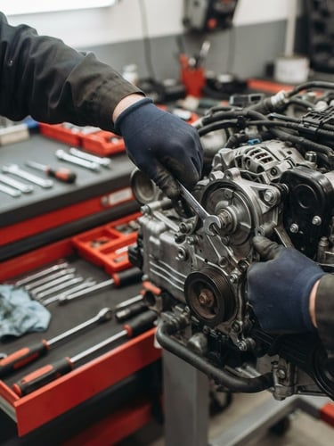 Close-up of a mechanic's hands adjusting an engine component under even workshop light, clean tools laid out, red accents on the workbench, sharp focus, 35mm lens