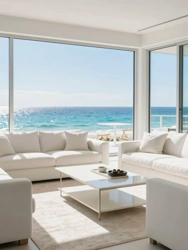 Sun-drenched luxury living room with floor-to-ceiling windows overlooking the Gulf of Mexico, bright daylight, minimalist white furniture, ocean blue accents, 35mm editorial photography