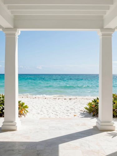 Bright editorial photography of a sun-drenched luxury estate patio in Santa Rosa Beach, overlooking clear turquoise Gulf water, high-key natural daylight, 35mm
