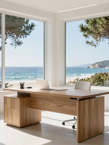 A bright, airy, sophisticated office environment with large windows overlooking coastal pines, natural light, minimalist oak desk with elegant design details, 35mm editorial photography.