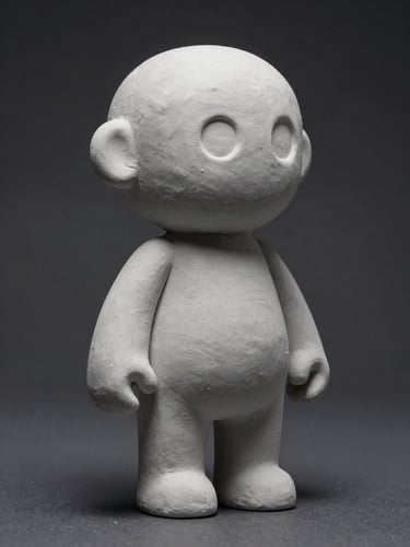 Clay render of an abstract geometric 3D character, high-contrast studio lighting on a dark neutral background, sharp focus, 35mm lens