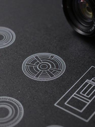Macro detail of physical brand mockups and vector wireframes on a dark table, high-contrast studio lighting, sharp focus, crisp digital design photography
