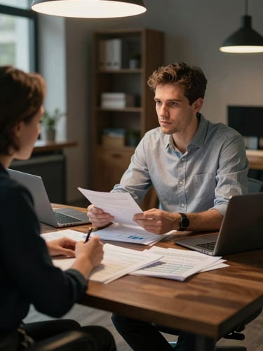 Medium shot of a professional consultation between two people at a desk covered in organized financial documents and a laptop, warm tungsten overhead light, modern office with dark wood tones, depth of field blurring the background shelves