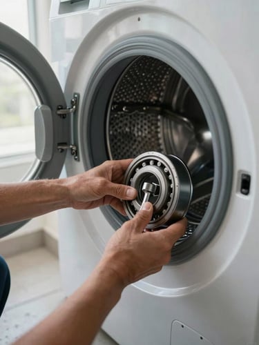 Close-up inside a Jeddah home laundry room, technician's hands removing a washing machine drum bearing with a socket wrench, concrete floor visible, natural window light from the left, partial view of the open machine casing