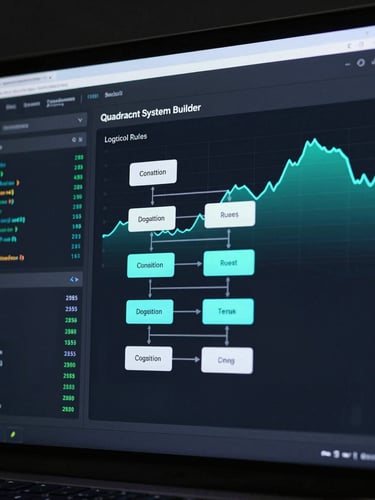 High-fidelity, crisp UI screenshot of the Quadrant System Builder interface. A dark-mode dashboard showing drag-and-drop logical rules, conditional logic gates, and a glowing cyan backtest performance curve against a deep obsidian background. Monospaced data grids and slate borders are visible. Lit only by screen glow.