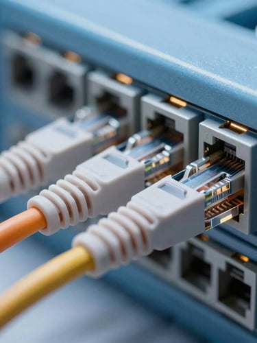 Sharp industrial photography, close-up macro shot of perfectly combed and color-coded Cat6 network cable bundles entering a patch panel, clean architectural lighting, cool blue tones, 35mm