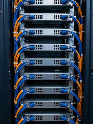 Symmetrical straight-on architectural shot of a pristine server rack, perfectly combed blue and orange cables, high-contrast technical lighting, 35mm.