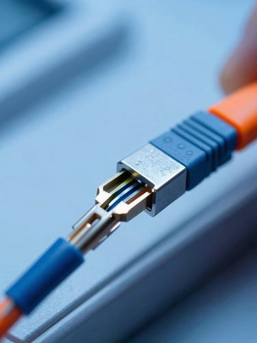 Extreme close-up of a technician terminating a fiber optic cable, sharp industrial focus, cool blue lighting with safety-orange accents, 35mm macro photography