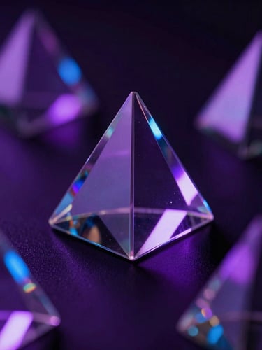 Sleek tech photography, dark ambient lighting with violet and electric blue neon glow, macro shot of clean geometric glass prisms reflecting light, shallow depth of field