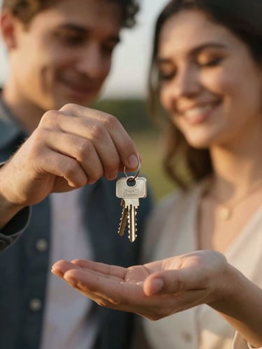 Close-up of hands handing over silver keys to a happy couple, warm golden hour lighting, tactile and emotional moment.