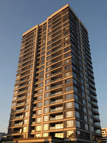 Vista em ângulo de um moderno edifício residencial de alto padrão ao entardecer, iluminação dourada refletindo nas janelas de vidro, céu limpo, arquitetura contemporânea.