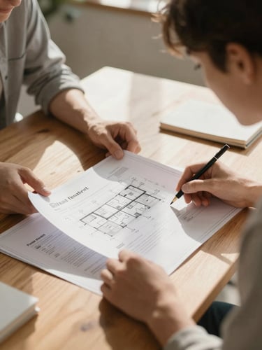 A close-up of a young couple sitting at a sunlit wooden table, reviewing architectural blueprints and housing credit documents, warm natural light, shallow depth of field