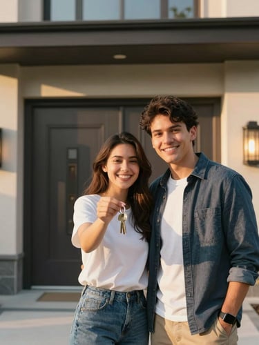Happy young couple holding keys to their new home in front of a modern residential entrance, warm golden hour light.