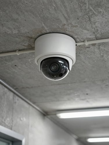 Camera CCTV located on concrete ceiling.