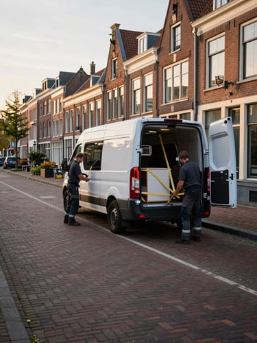 Wide shot from street level in Delft, a loaded moving van parked along a narrow brick canal street at golden morning light, two crew members in work gear securing furniture straps at the open rear doors, historic Dutch canal houses in background