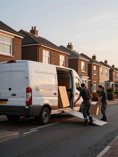 Wide environmental shot, Dutch residential street at golden hour, a large white moving van parked at the curb with rear doors open wide, two crew members in work gear loading flat-packed furniture boxes up a ramp, amber morning light raking across the van's side panels, row of brick terraced houses receding to the right