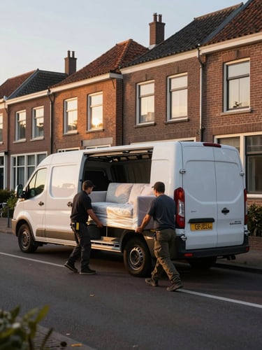 Wide shot of a moving crew loading a large white van on a quiet Breda residential street at early morning golden hour, two workers lifting a wrapped sofa into the van, brick Dutch terraced houses in background, warm directional light from the left