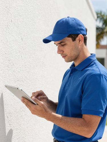 Close-up of a professional technician in a vivid cobalt blue polo shirt checking a digital tablet against an architectural stucco wall, bright Florida daylight.