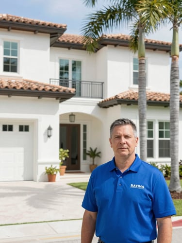 Bright architectural photography of a high-end Southwest Florida home with stucco walls and palm trees, a technician in a vivid cobalt blue polo shirt standing professionally in the foreground, clean daylight, 35mm lens.