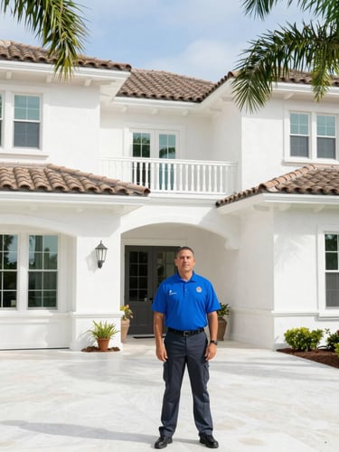Bright architectural photography, clean high-key tones. A uniformed technician in a vivid cobalt blue polo shirt and dark gray pants stands beside a high-end Southwest Florida home with stucco walls, tile roof, and palm trees.