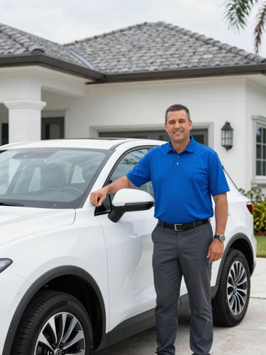 A professional technician in a vivid cobalt blue polo shirt and dark gray pants stands beside a clean company vehicle parked at a modern Southwest Florida estate.