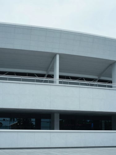 Wide-angle architectural view of a modern stadium exterior, clean lines, cool diffused daylight, desaturated blue tones, 35mm
