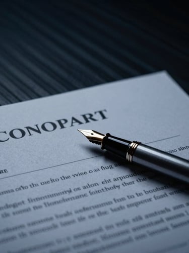 Close-up of a high-end legal contract with a polished fountain pen resting on it, dramatic side lighting, deep navy and charcoal tones, sharp architectural lines, cinematic, 35mm.