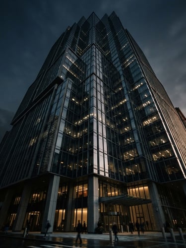 Fachada de un edificio corporativo moderno e imponente de cristal y acero, al atardecer, con luz lateral dramática que proyecta sombras profundas. Ángulo contrapicado.