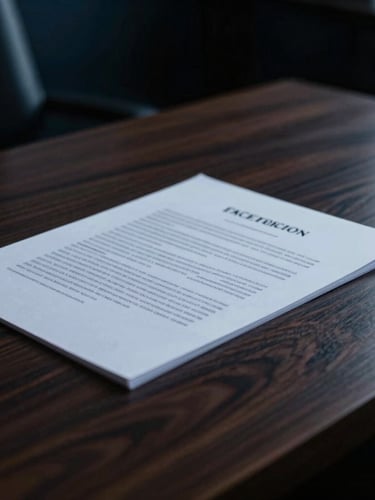 Close-up of a polished, high-end wooden desk with subtle, dramatic side lighting, a single elegant legal document partially visible, deep navy and charcoal tones, cinematic, 35mm.
