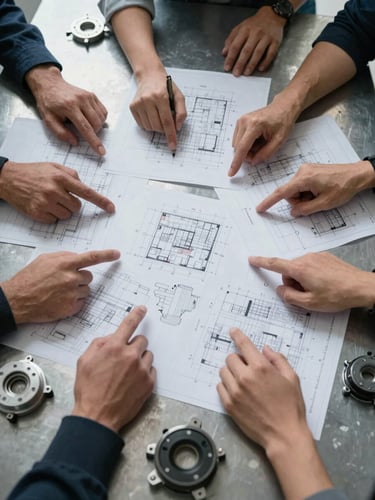 Close overhead plan-view of a technical coordination meeting over engineering drawings spread on a steel worktable, mechanical components and annotated schematics visible, overcast flat studio light, no faces prominent, hands pointing to specification details