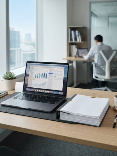 Um ambiente de escritório moderno, organizado e clean, com documentos empilhados de forma impecável e um notebook aberto, transmitindo ordem e eficiência. clean corporate photography, bright natural daylight, cool neutral tones, sharp focus, professional workspace, 35mm