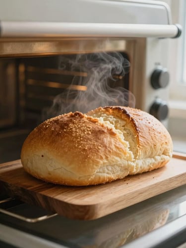 A golden-brown pan de bono sitting on a wooden peel inside a hot deck oven, steam gently rising, warm ambient glow, 35mm.