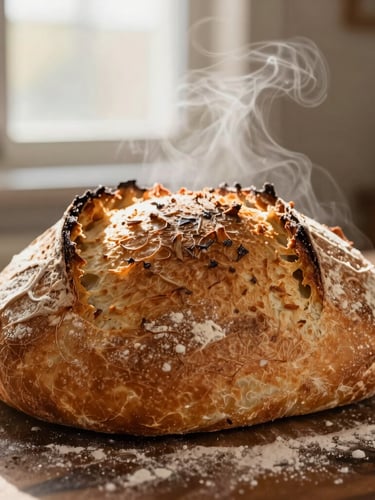 Macro close-up of a rustic golden-brown sourdough loaf freshly pulled from a deck oven, steam rising, flour dusted on a dark wooden surface, warm morning window light, shallow depth of field