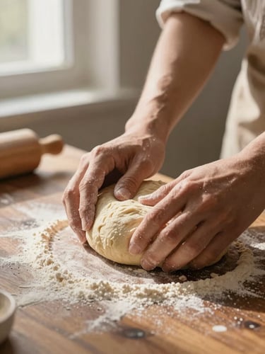 Close-up of hands shaping rustic sourdough dough on a flour-dusted dark wood table, warm morning light from the side, shallow depth of field, 35mm.