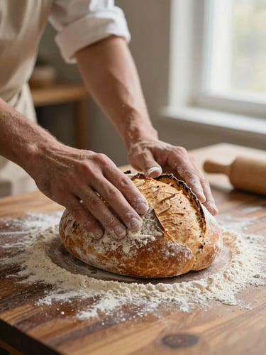 Warm editorial food photography of a baker's hands dusted with flour, scoring a sourdough loaf on a dark wooden table, morning window light, shallow depth of field, 35mm