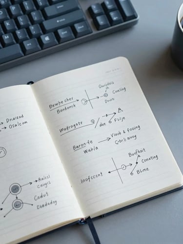 Overhead flat-lay of a notebook with data flow diagrams, a mechanical keyboard, and a coffee cup on a clean slate gray desk, cool studio lighting, macro depth of field, bleeding to the left edge.