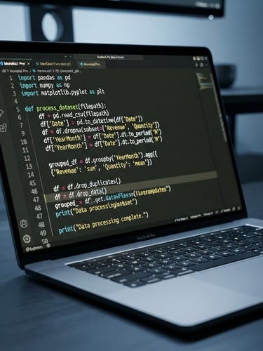 Clean screenshot of a code editor with Python code for data processing, on a minimalist desk setup with cool studio lighting, macro depth of field, blue and slate gray tones, bleeding to the right edge.