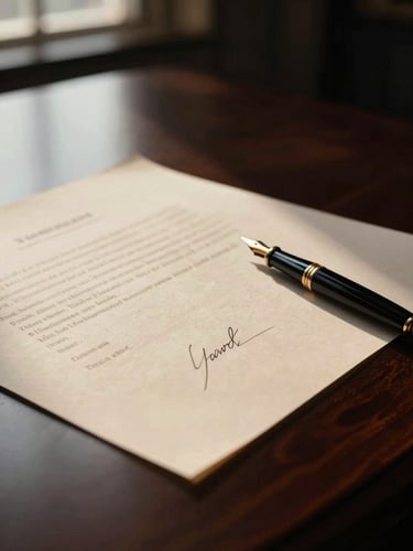 Close-up of a signed legal document on a dark mahogany desk, elegant fountain pen, soft warm light highlighting the paper texture, minimalist luxury law office atmosphere.